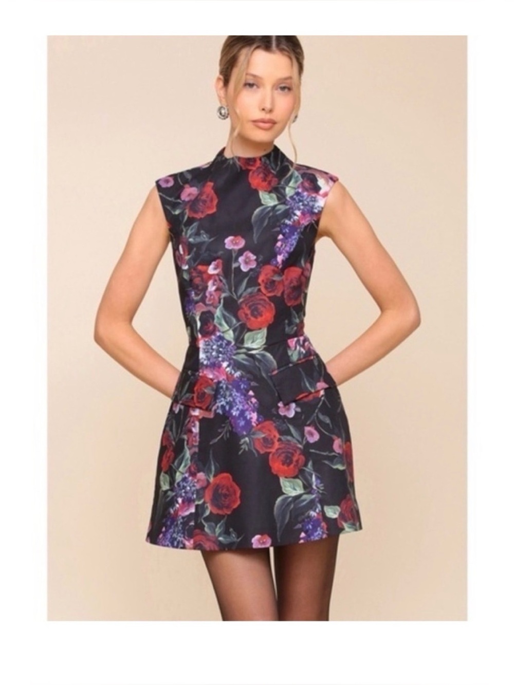NEW! Avec Les Filles Dark Floral Fit & Flare Mini Dress Red Black size 6